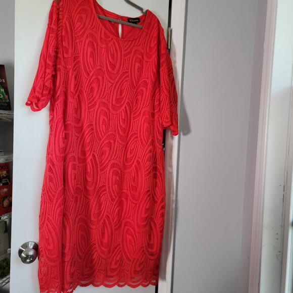 Red Lace Midi Dress Plus Size 4XL Scalloped Hem Short Sleeve Cocktail Party - Picture 1 of 11
